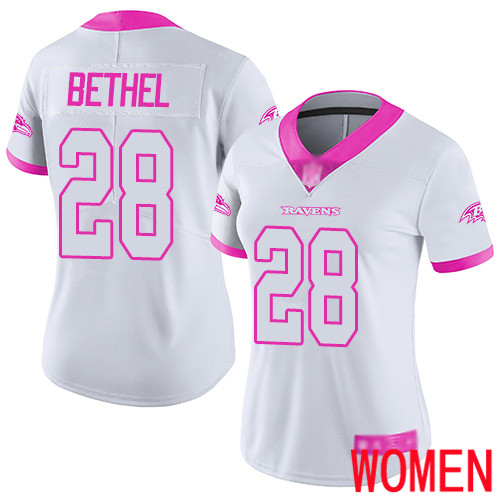 Baltimore Ravens Limited White Pink Women Justin Bethel Jersey NFL Football #28 Rush Fashion